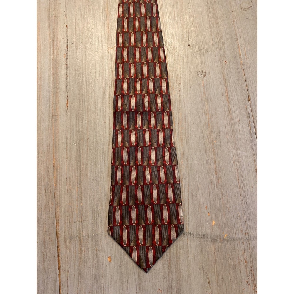 Nino Mori Mens Silk Necktie Burgundy Grey Geometric Oval Pattern Hand Made